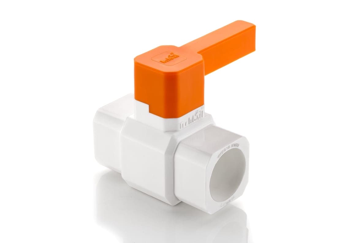 Techball Square Ball Valve: white square-bodied valve with an orange lever handle, Techball moulded into the collar